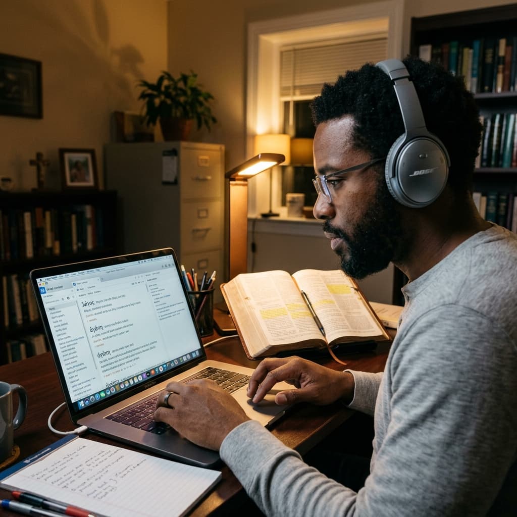 Pastor studying an online seminary lesson with a Bible open beside a laptop.